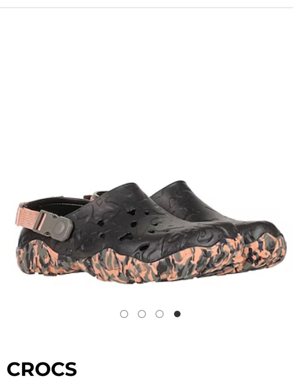 CROCS Black Clogs with Tan Strap and Patterned Sole